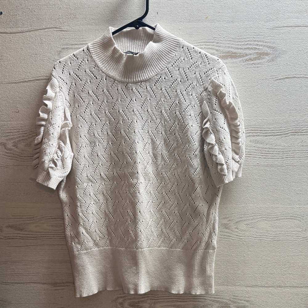 Light dove gray/taupe white White House black market short ruffle sleeve sweater